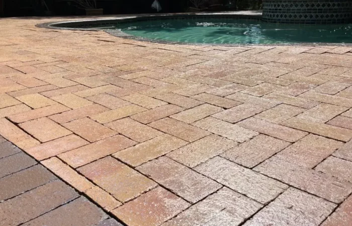 clay brick pool deck with high shine